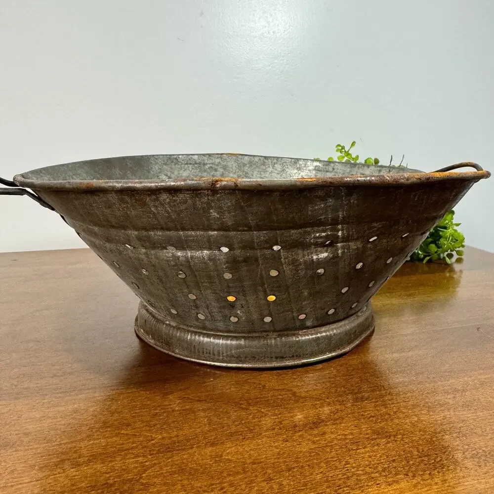 Vintage Primitive Galvanized Metal Footed Colander Strainer Wire Handles Rustic